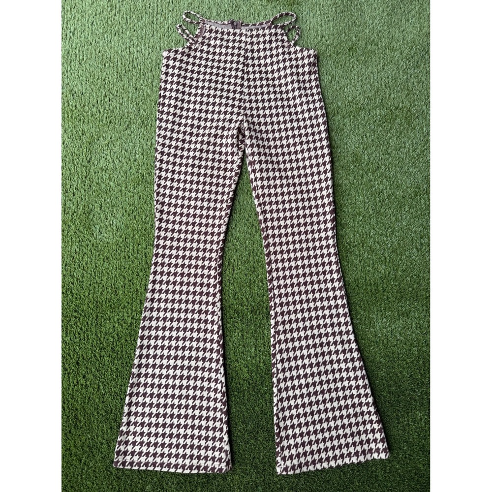 Nectar Clothing Brown Houndstooth High Waisted Flare Cutout Strappy Pants Small